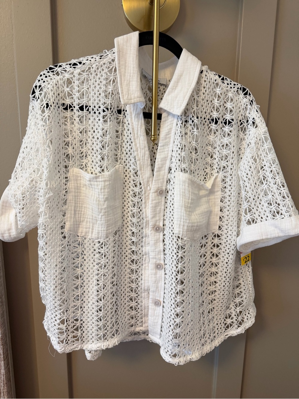 White Crochet Button-Down Shirt with Pockets